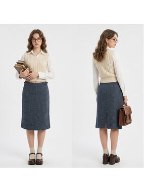 Vintage Mary-Kate and Ashley Blue Tweed Midi Skirt Y2K Academia Size 14 Buckles